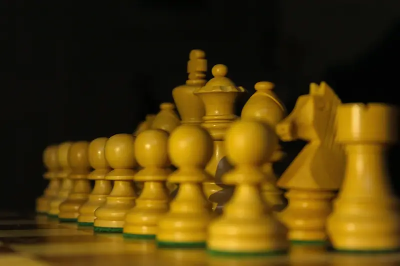A row of wooden chess pieces — pawns, bishops and other men — lined up on the board.